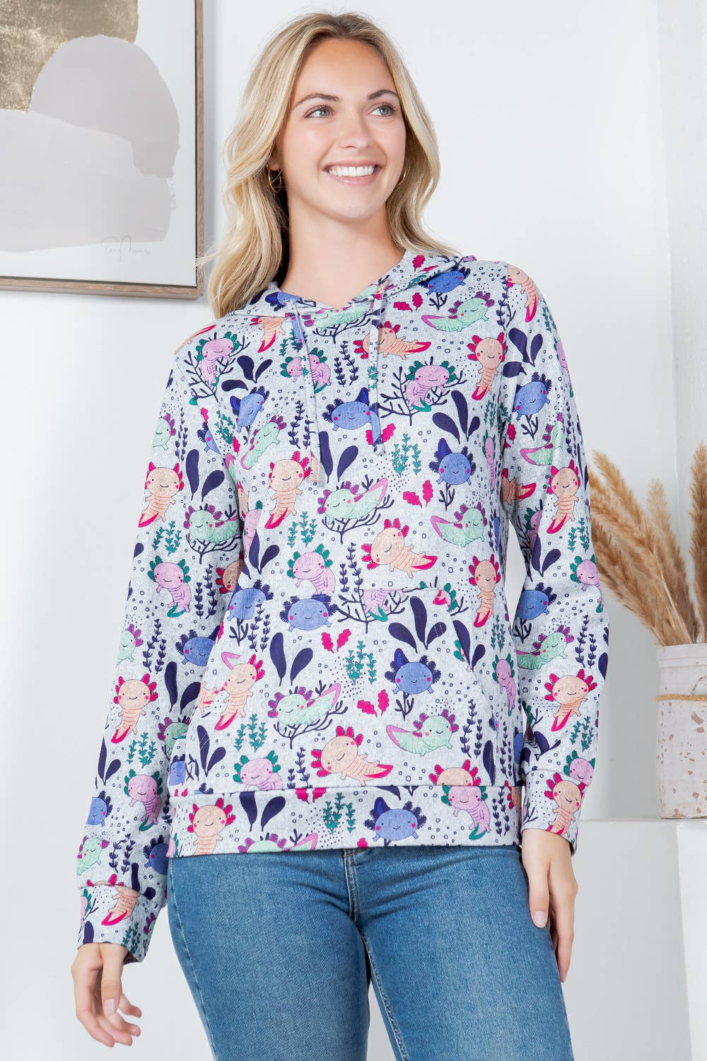 Axolotl Print Soft Sweater Knit Pullover Hoodie