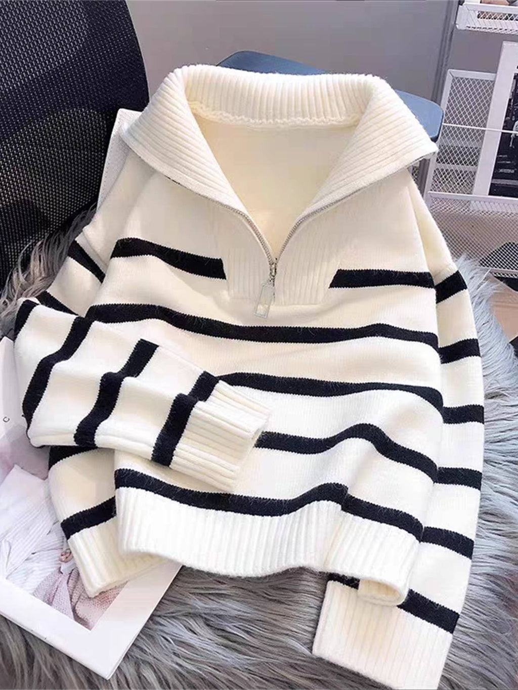 Half zip knit sweatshirt striped sweater