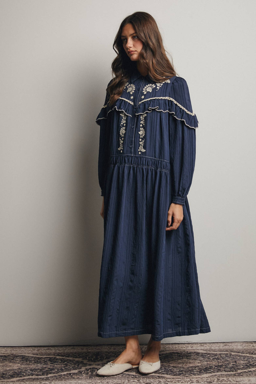 Embroidered Ruffle Trim Maxi Dress FD0018