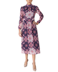 Mock Neck Long Sleeve Printed Chiffon Midi