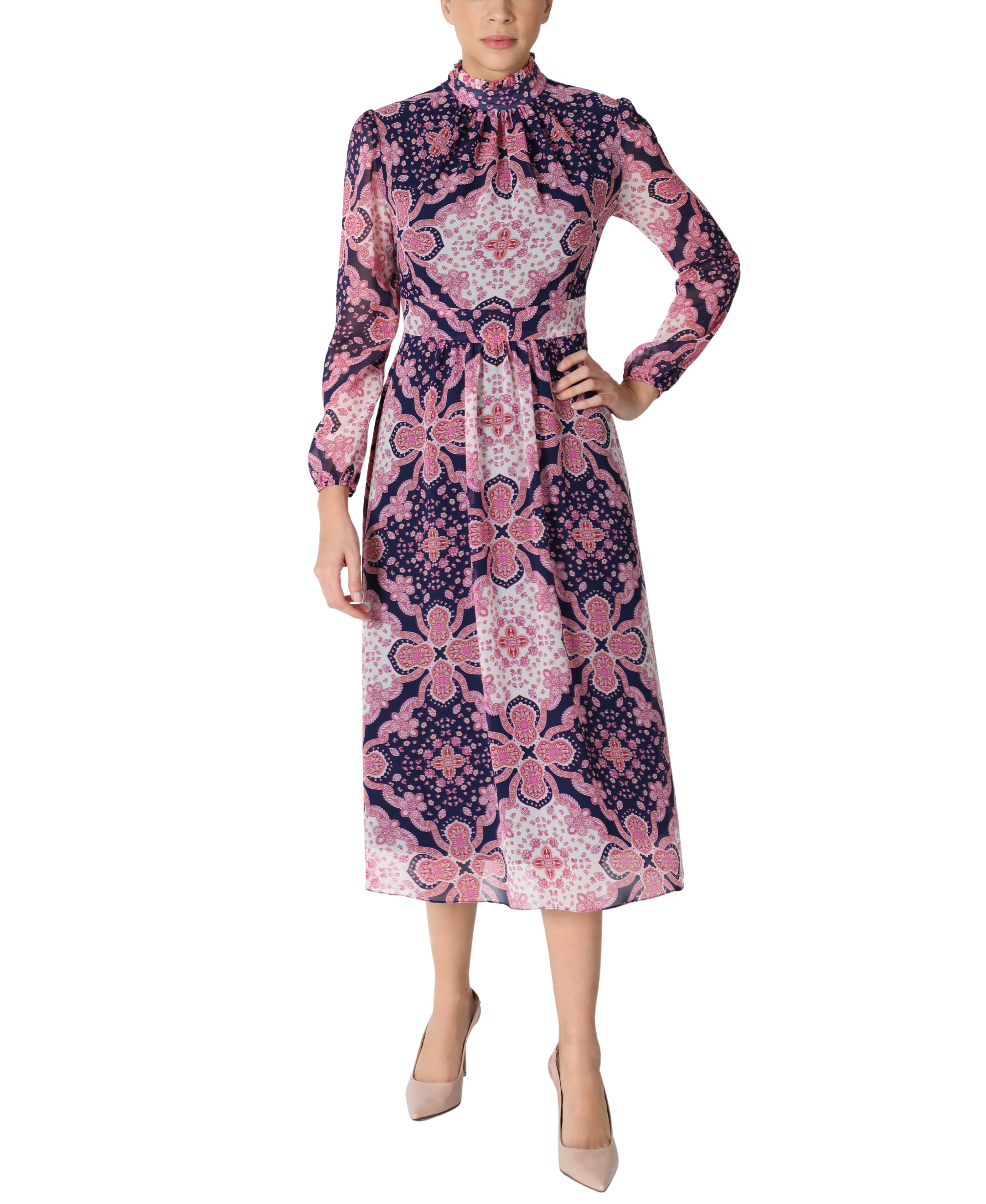 Mock Neck Long Sleeve Printed Chiffon Midi