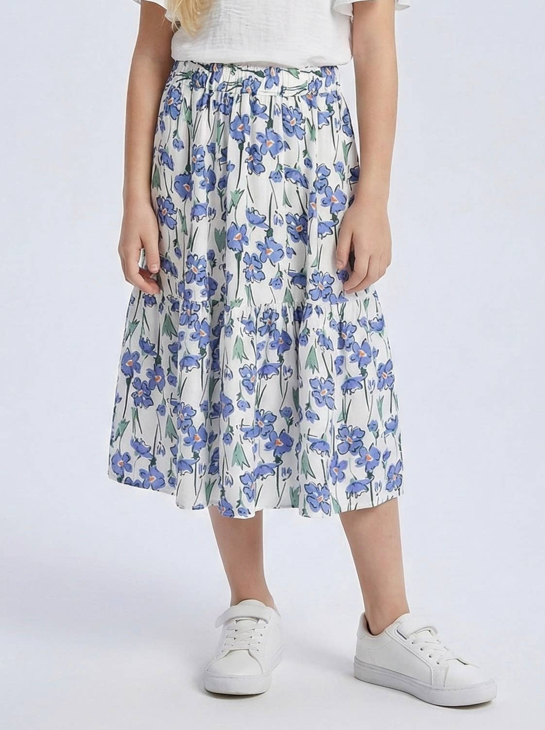 Long tiered skirt with ruffle and floral print for girls