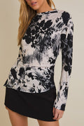 **PLUS** MOCK NECK LONG SLEEVE SHIRRING DETAIL FLORAL TOP