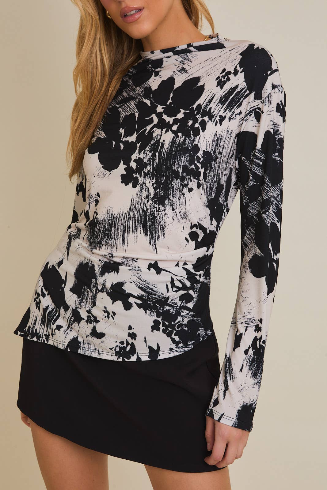 **PLUS** MOCK NECK LONG SLEEVE SHIRRING DETAIL FLORAL TOP
