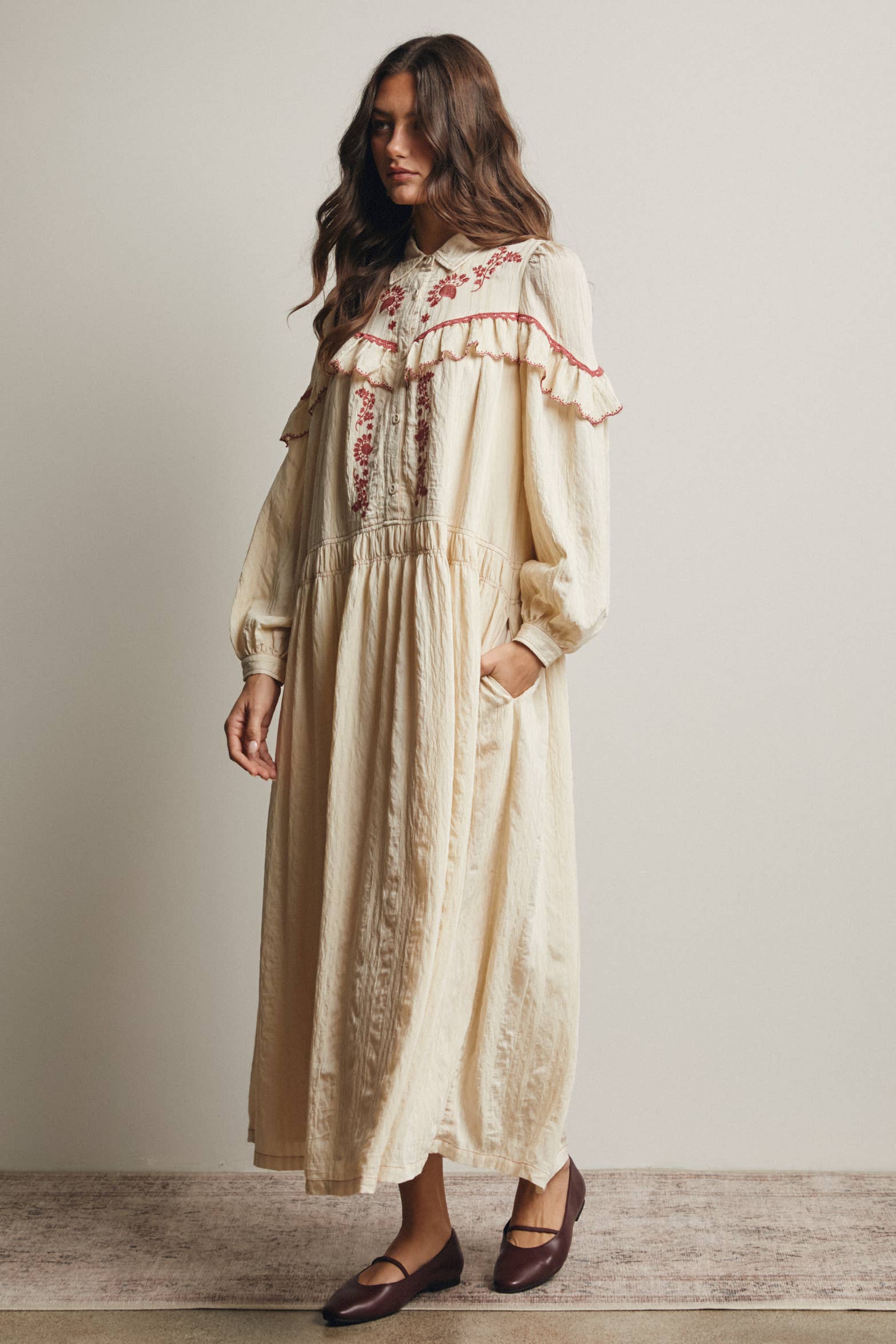 Embroidered Ruffle Trim Maxi Dress FD0018
