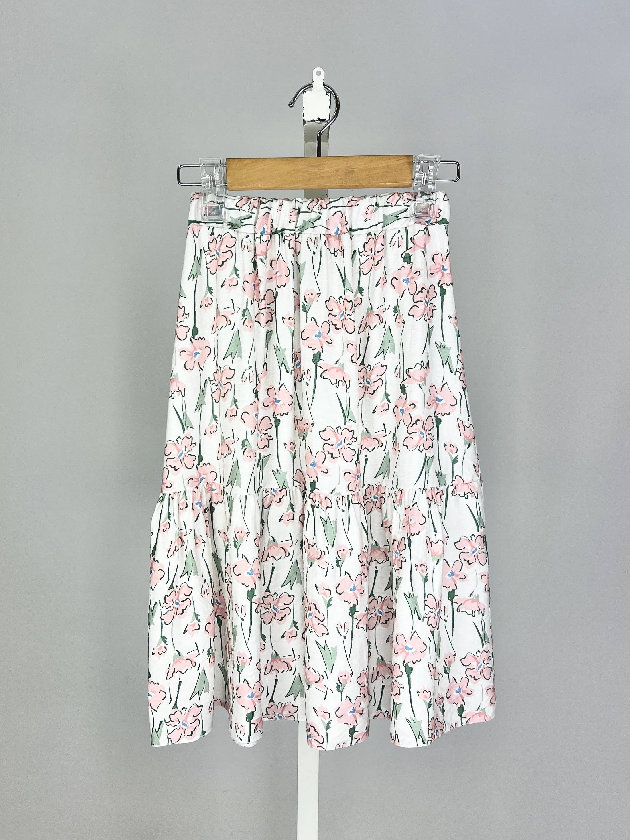 Long tiered skirt with ruffle and floral print for girls