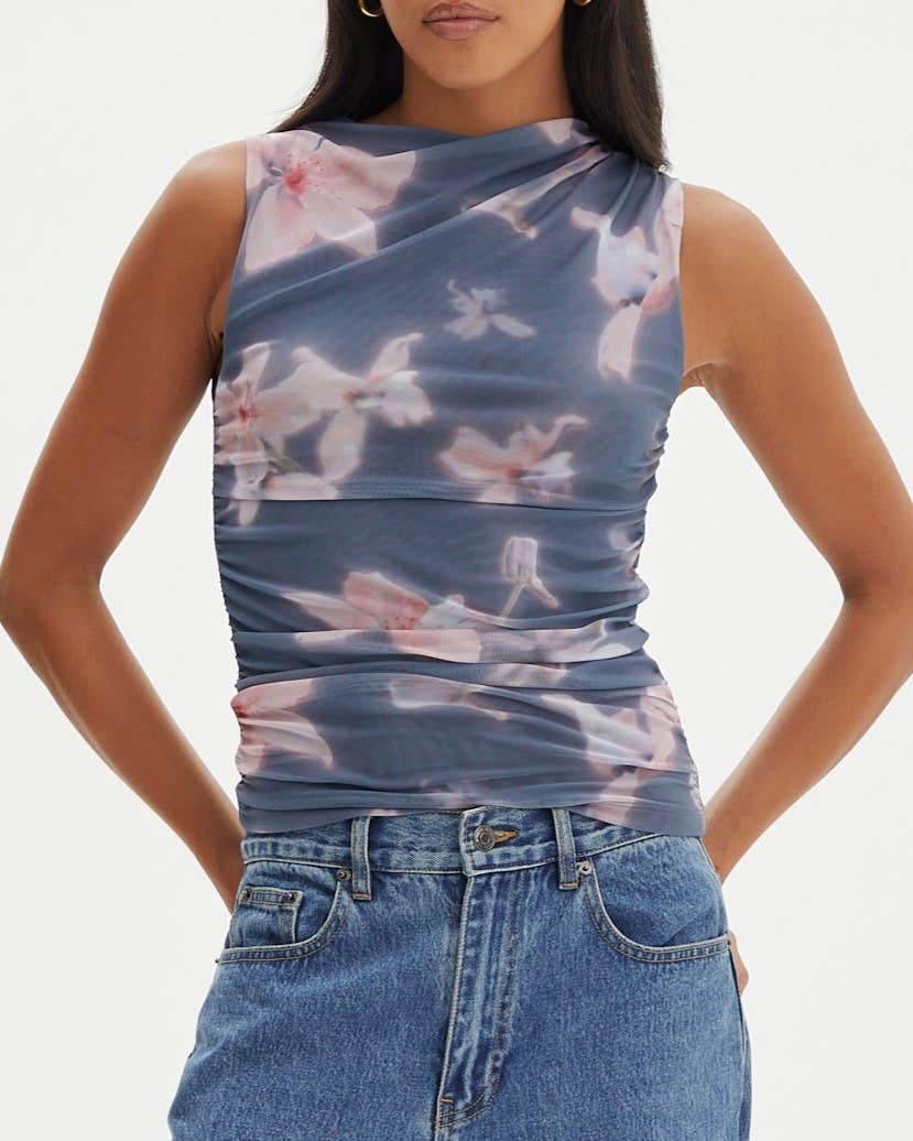 Chic Floral Printed Pleated Slim Mesh Top