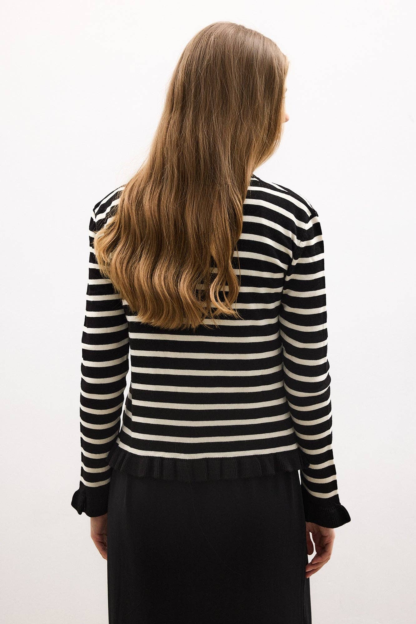 RUFFLED STRIPED KNIT CARDIGAN