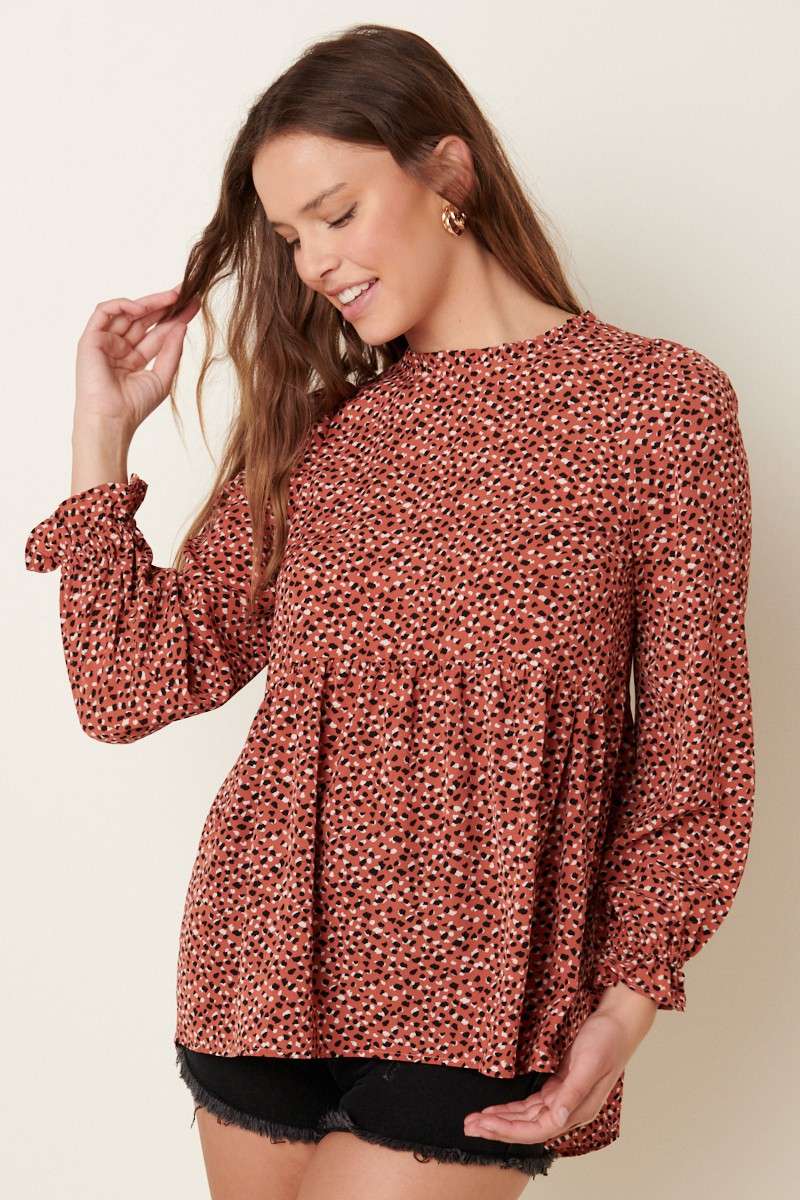 ABSTRACT PRINT RUFFLE MOCK NECK BLOUSE
