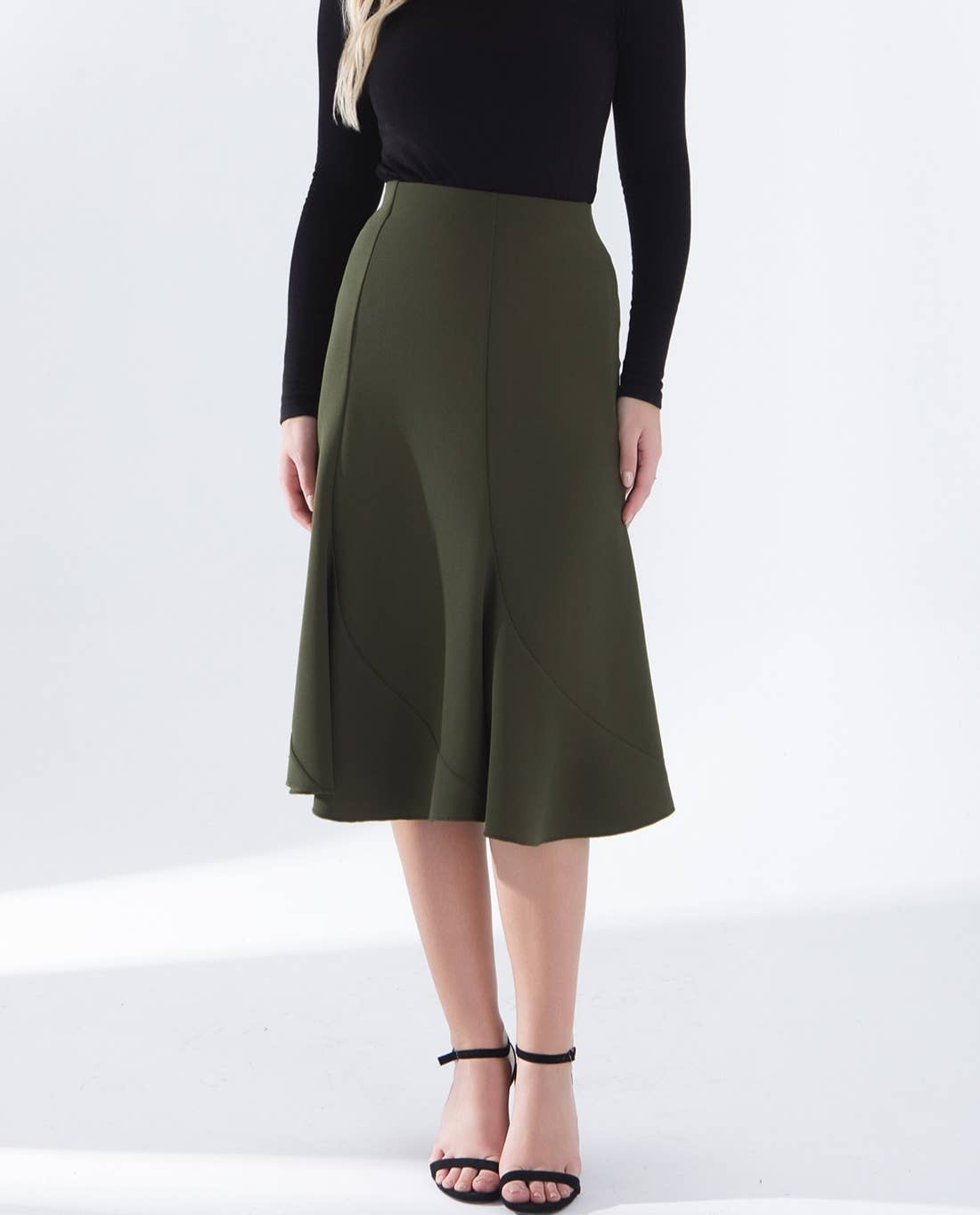 Elegant commuter office A-line midi fishtail hem skirt