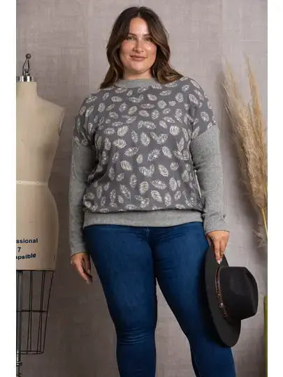 GREY LEAVES PRINT RIB CONTRAST PLUS SIZE TOP-TP1952