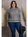 GREY LEAVES PRINT RIB CONTRAST PLUS SIZE TOP-TP1952