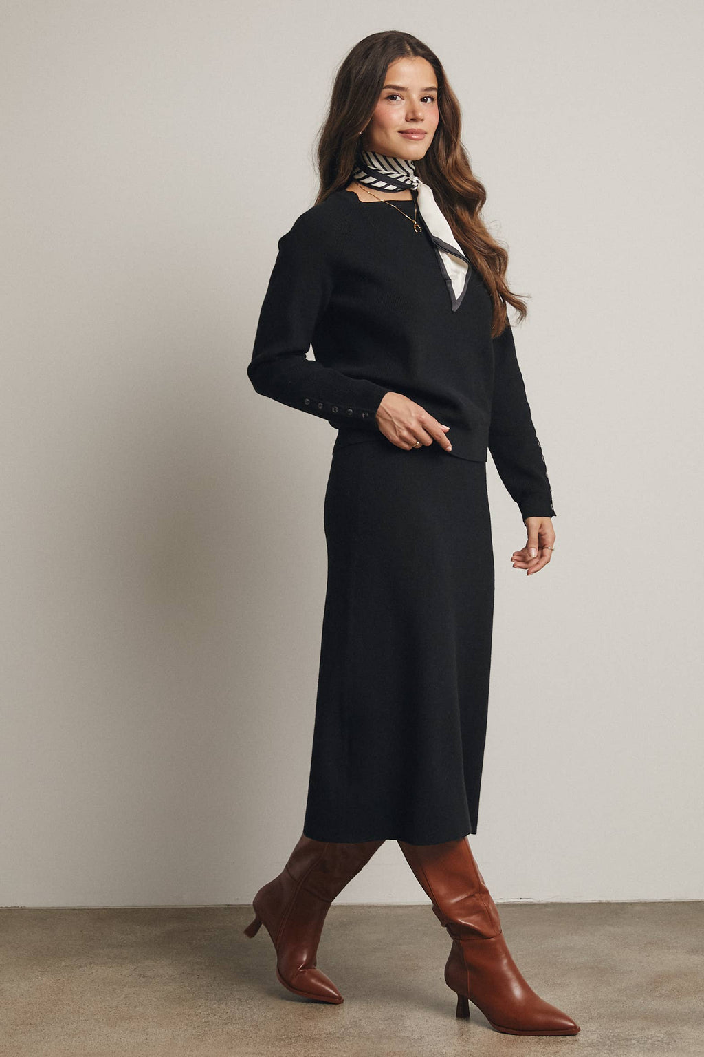 Ribbed Cuff Sweater & Midi Skirt Knit Set FWSET001