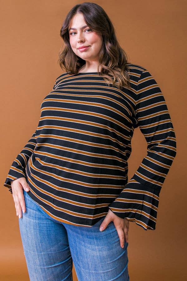 A PLUS SIZE STRIPE RUFFLE SLEEVE TOP-ATP1531-KN