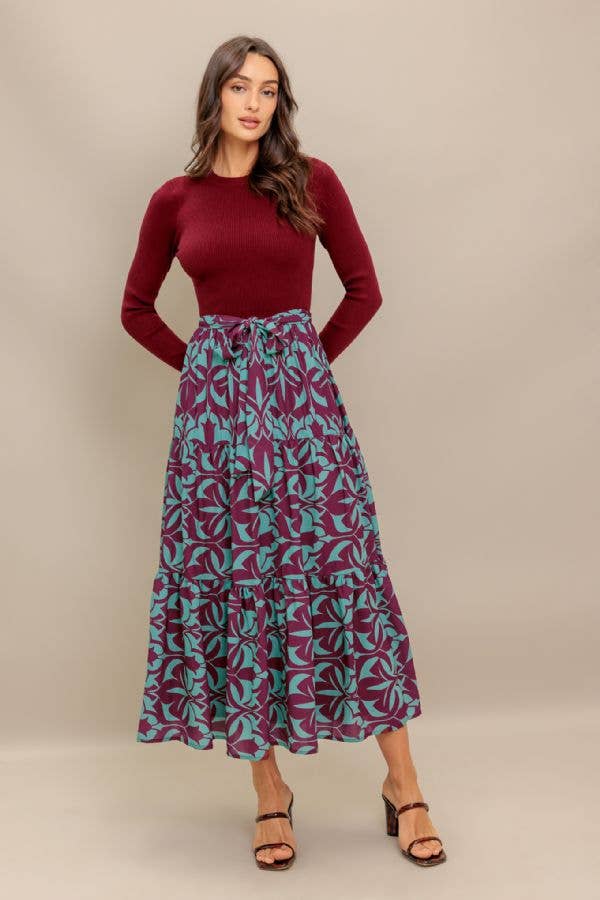 A sweater knit top and printed woven midi dress - ISW5281