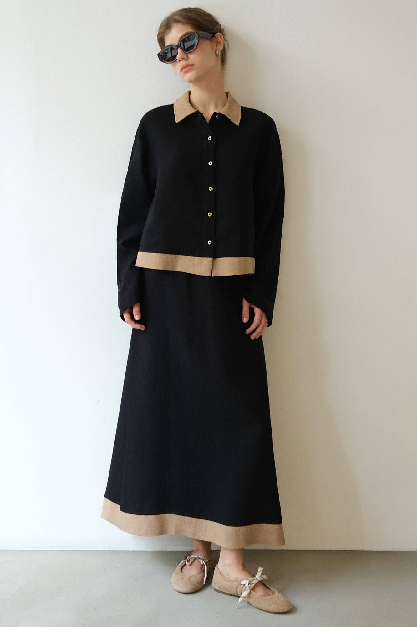 Contrast Trim Button-Down Shirt & Maxi Skirt Set – Cotton