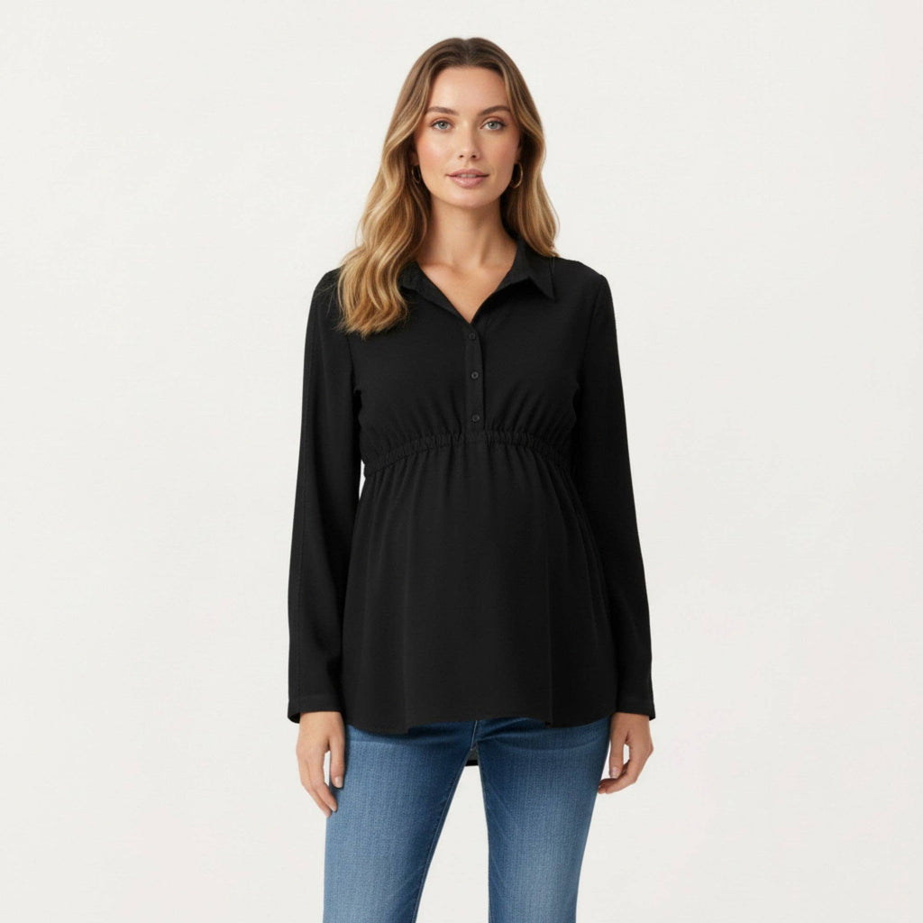 Maternity Long Sleeve Top with Collared Neckline Elastic Emp