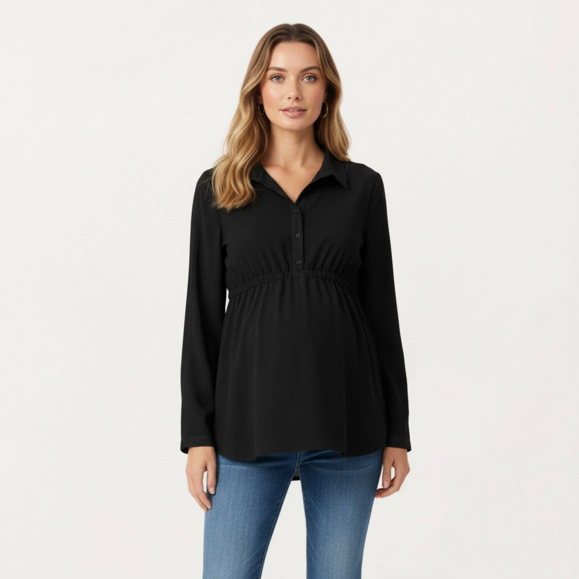 Maternity Long Sleeve Top with Collared Neckline Elastic Emp