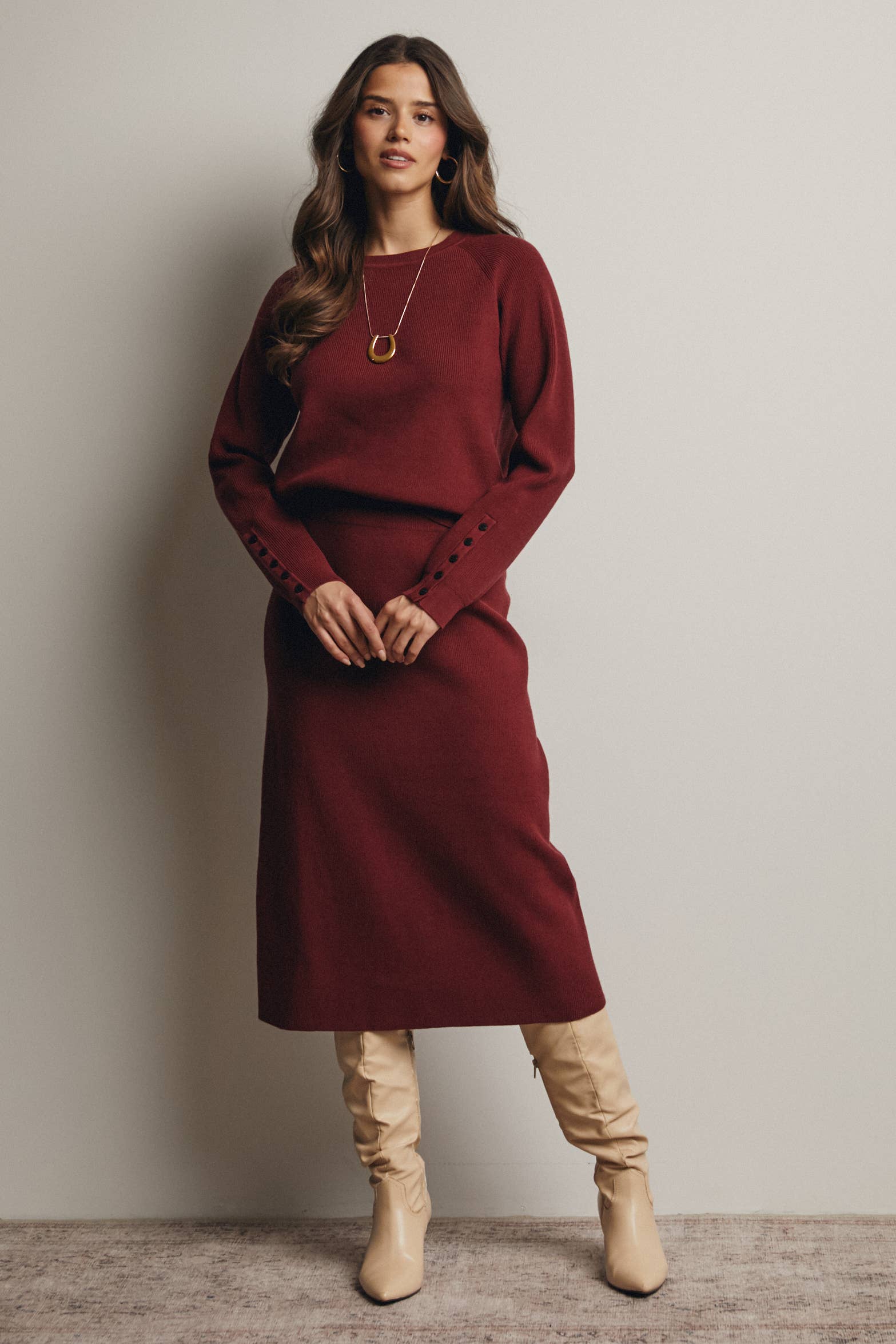 Ribbed Cuff Sweater & Midi Skirt Knit Set FWSET001