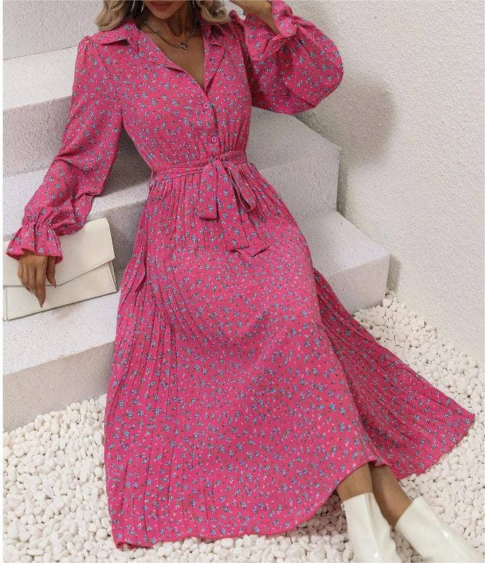 Fashionable pleated floral print long-sleeves dress