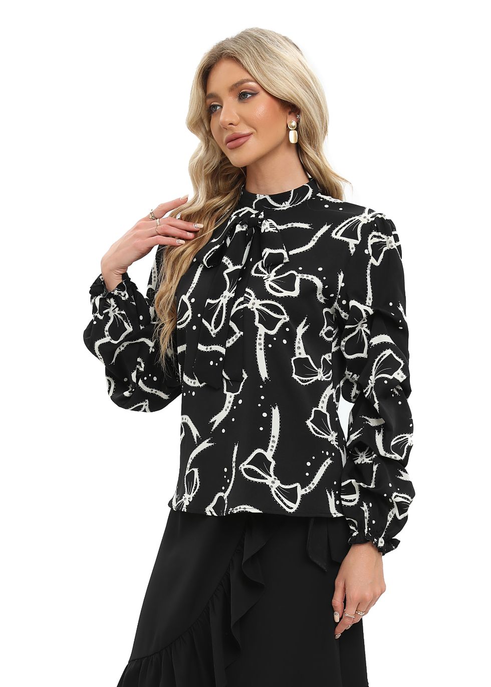 Black Tiered Long Sleeve Blouse with Front Tie
