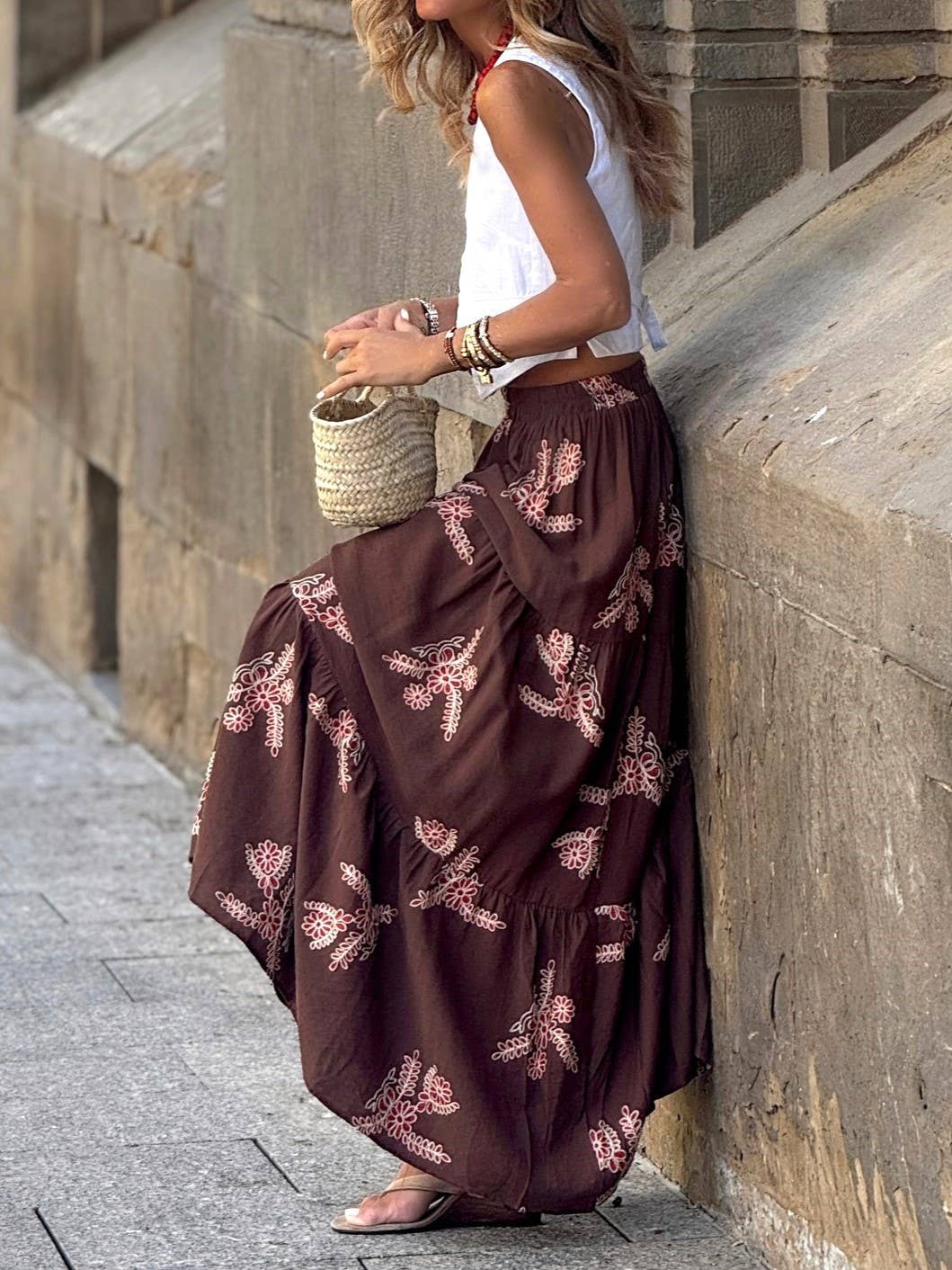 Boho Flower Branch Print Tiered Skirt