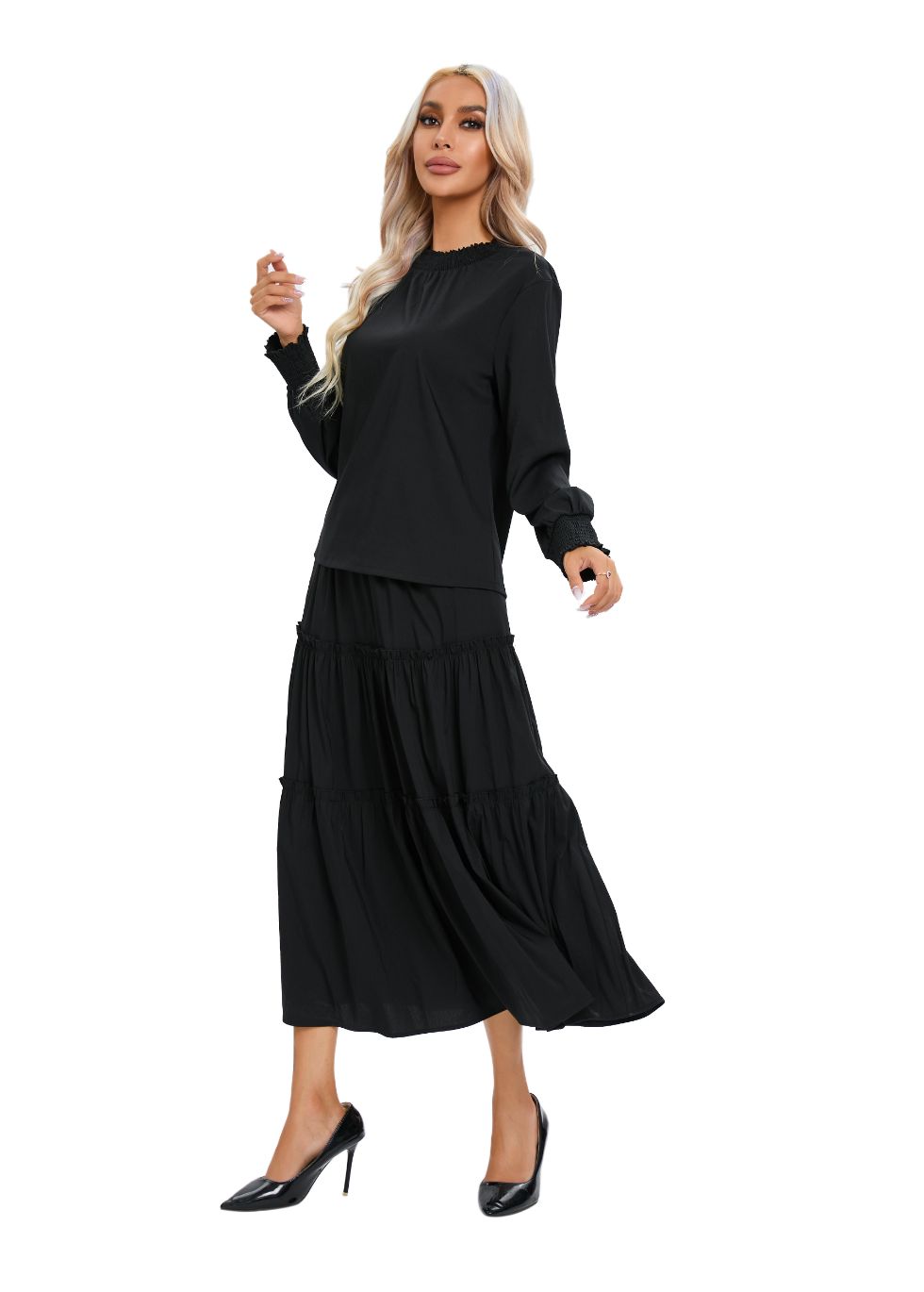 Black Tiered Midi Dress Outfit Set