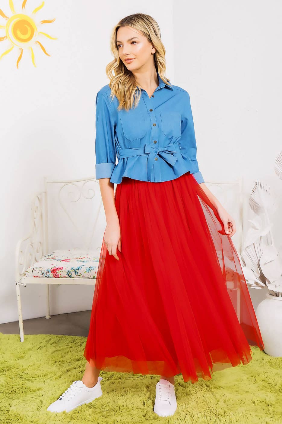 CHAMBRAY DENIM BUTTON DOWN TOP WITH BELT TIE