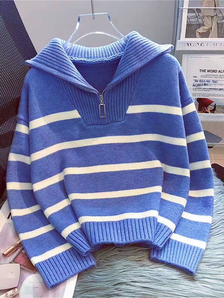 Half zip knit sweatshirt striped sweater