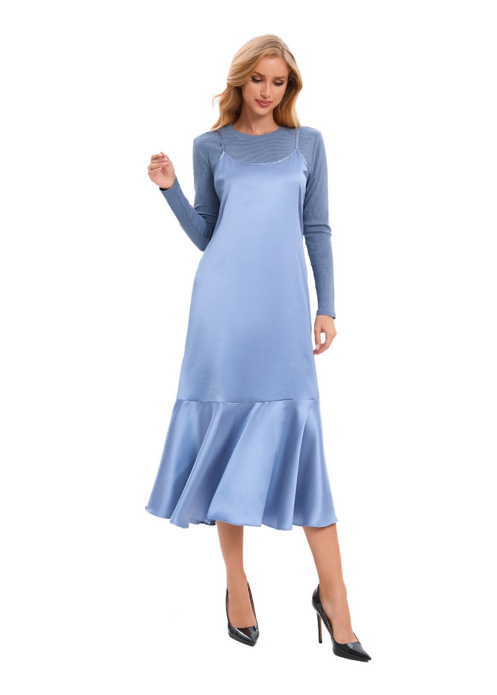 Satin Blue Midi Slip Dress with Top