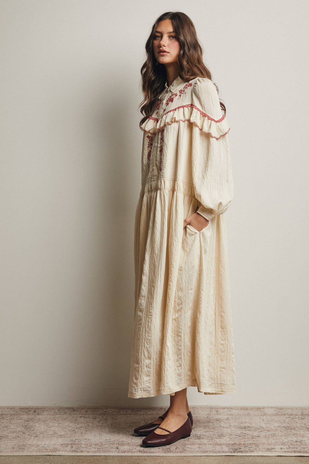 Embroidered Ruffle Trim Maxi Dress FD0018