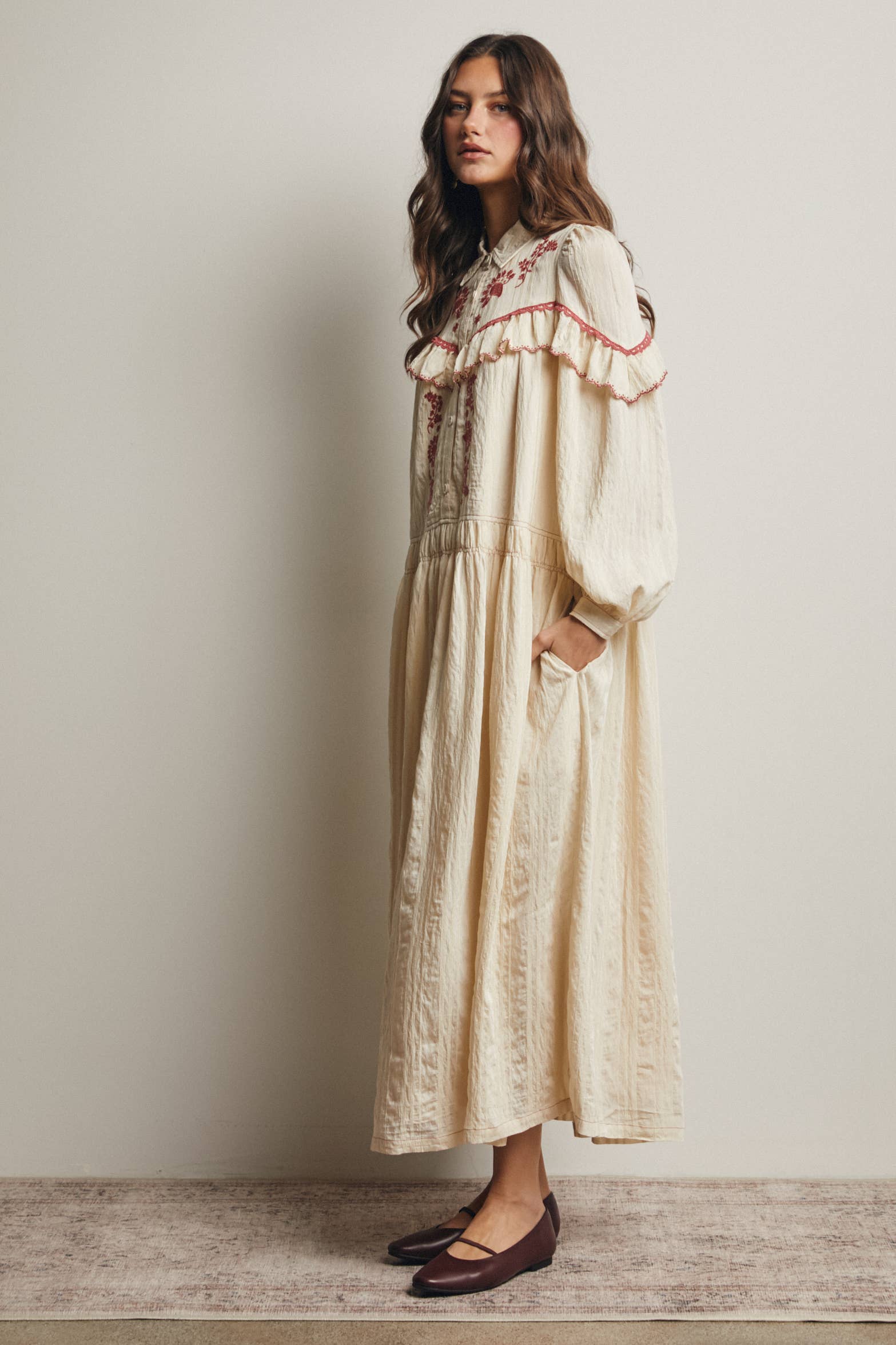 Embroidered Ruffle Trim Maxi Dress FD0018
