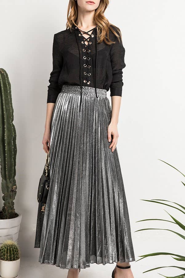 Metallic Elastic waist pleated skirt