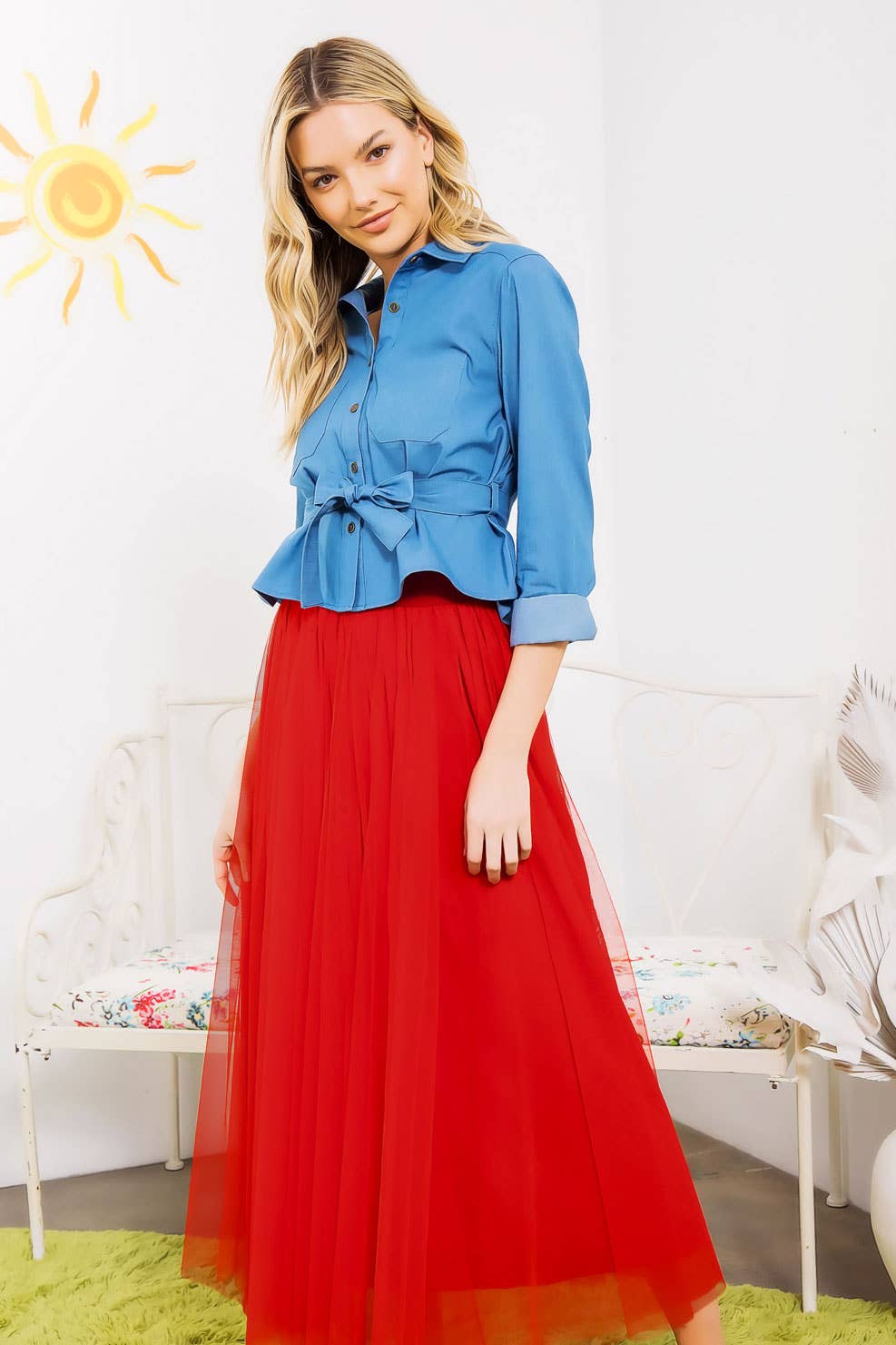 CHAMBRAY DENIM BUTTON DOWN TOP WITH BELT TIE