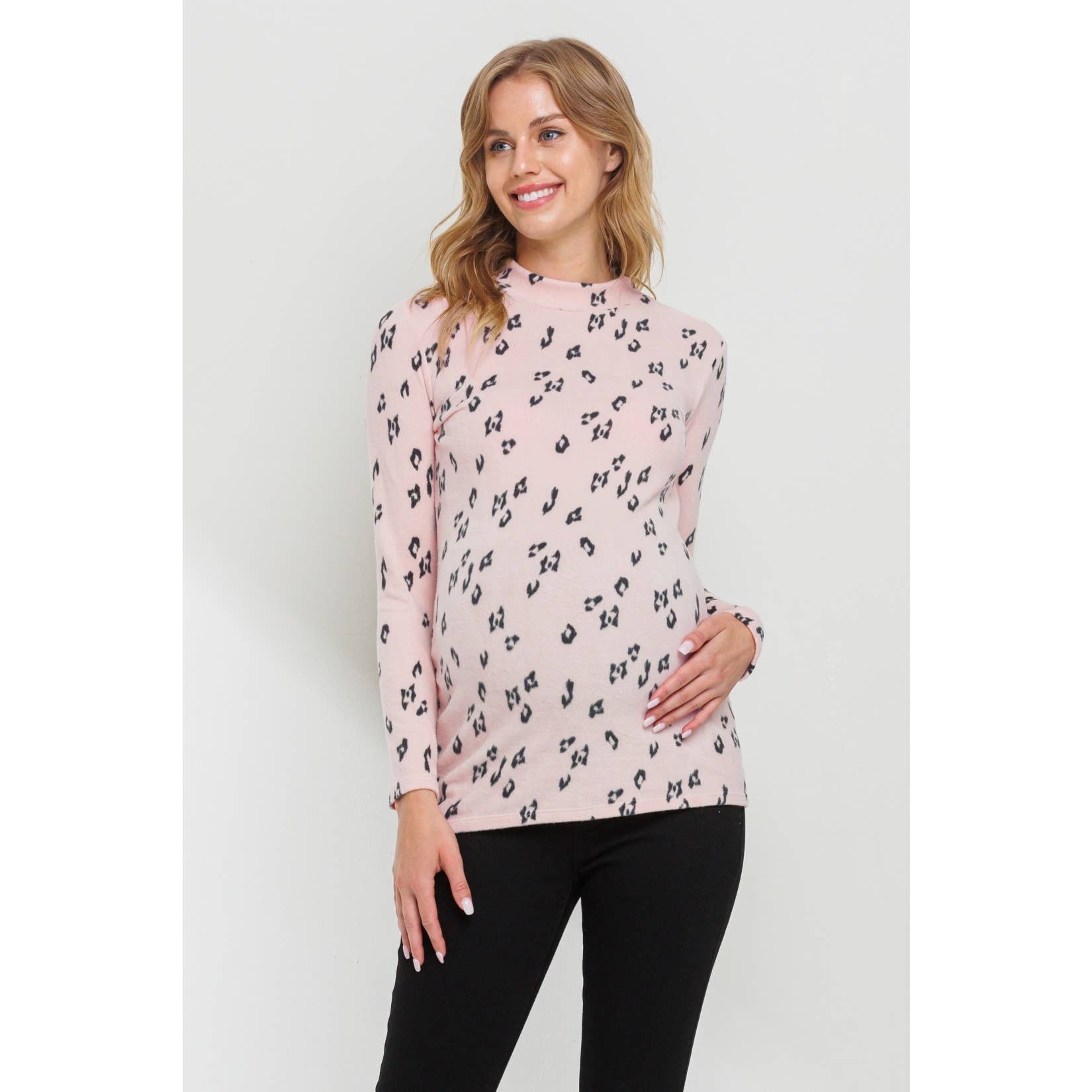Animal Print Mock Neck Long Sleeve Maternity Top