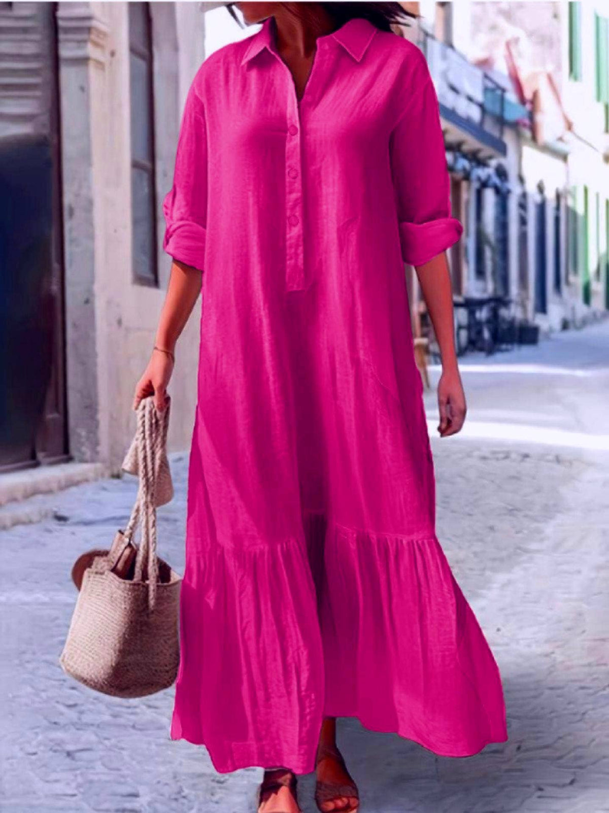 Long-sleeved button loose maxi dress