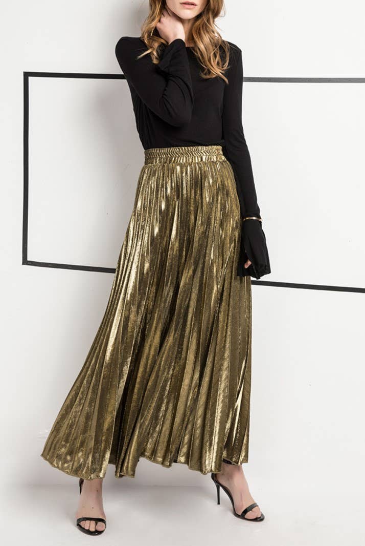 Metallic Elastic waist pleated skirt