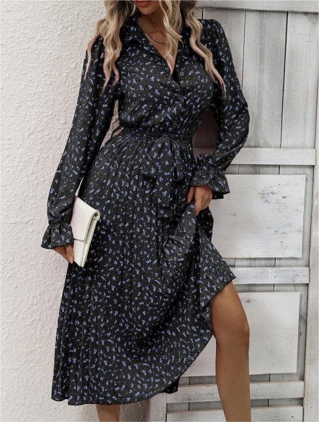 Fashionable pleated floral print long-sleeves dress