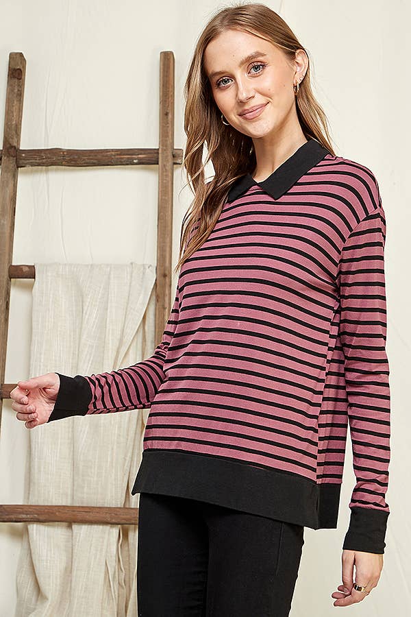 CAY1242LS - STRIPE SWEATSHIRT TOP WITH COLLAR