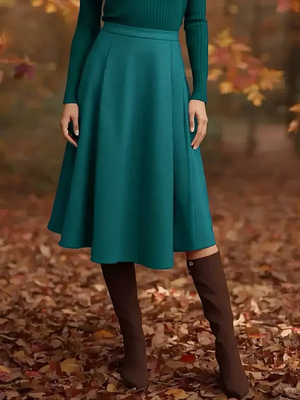 Casual simple high-waisted pleated long skirt