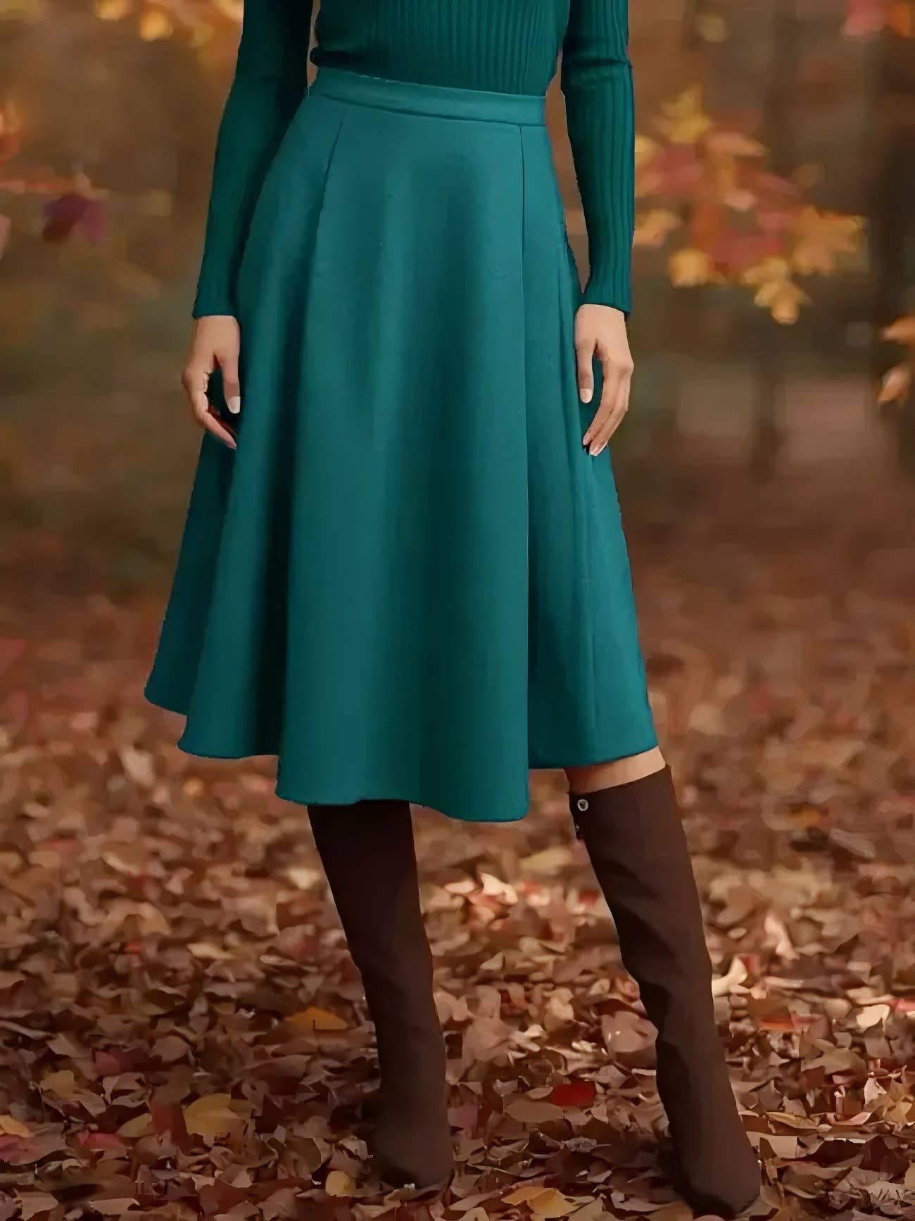 Casual simple high-waisted pleated long skirt