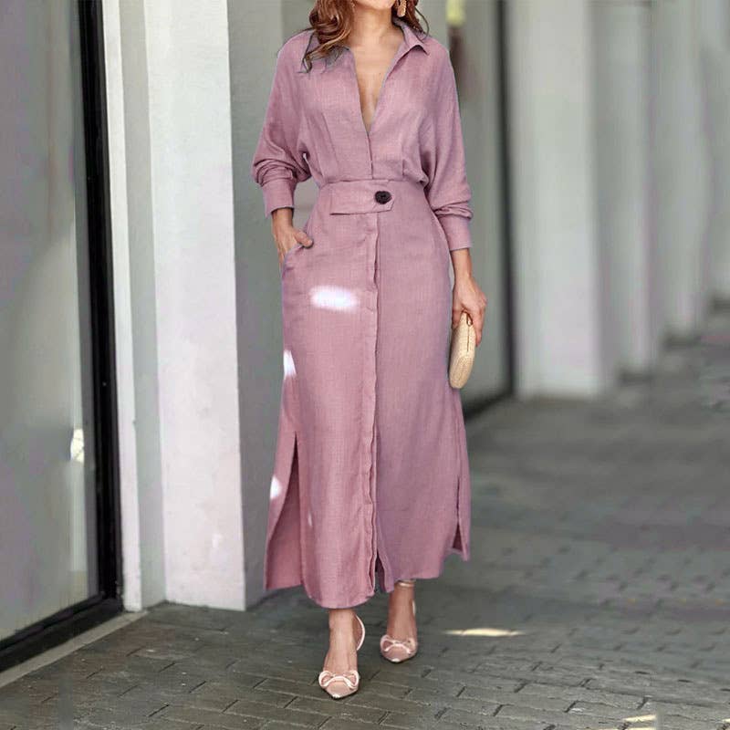 Elegant Button Down Long Sleeve Maxi Dress Casual Chic Style