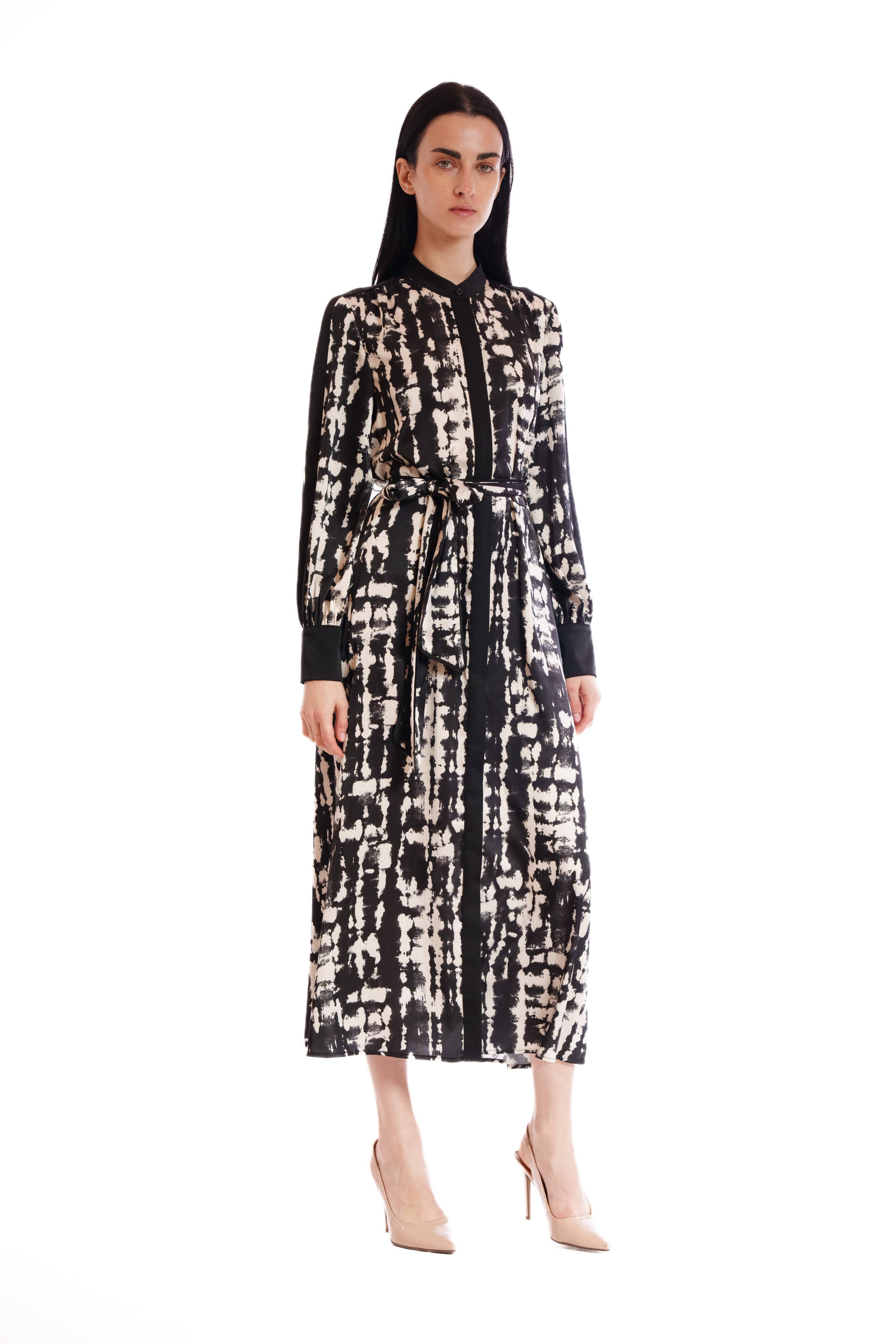 LONG SLEEVE MIX MEDIA SHIRTDRESS W/ MOCK COLLAR