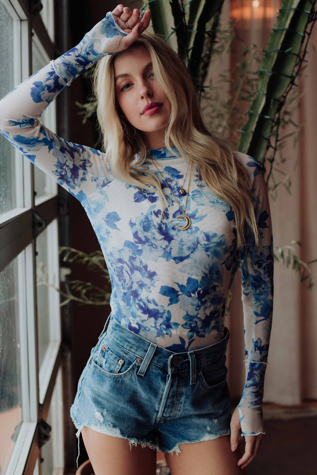 Blue & White Floral Mesh Top
