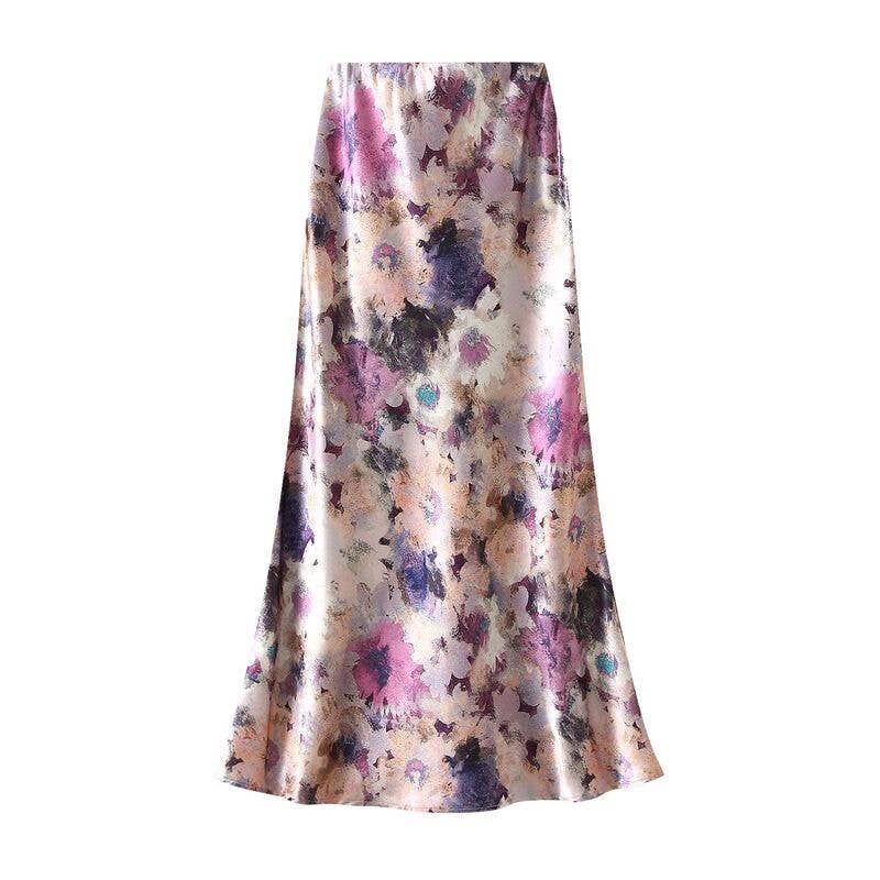 Satin Floral Print Skirt