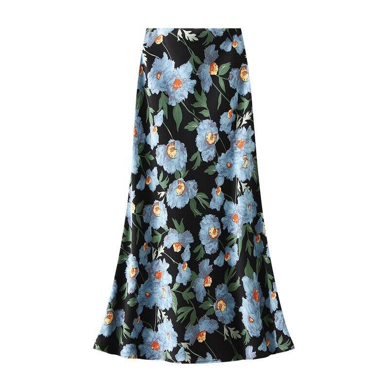 Satin Floral Print Skirt