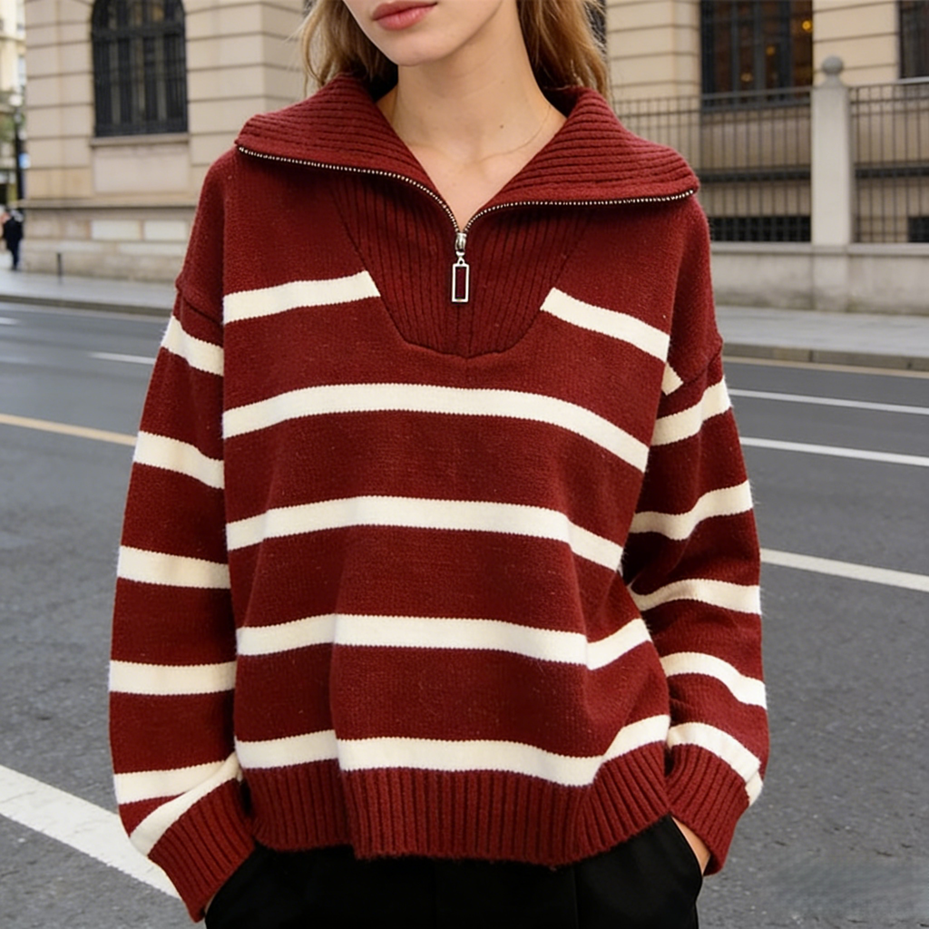 Half zip knit sweatshirt striped sweater