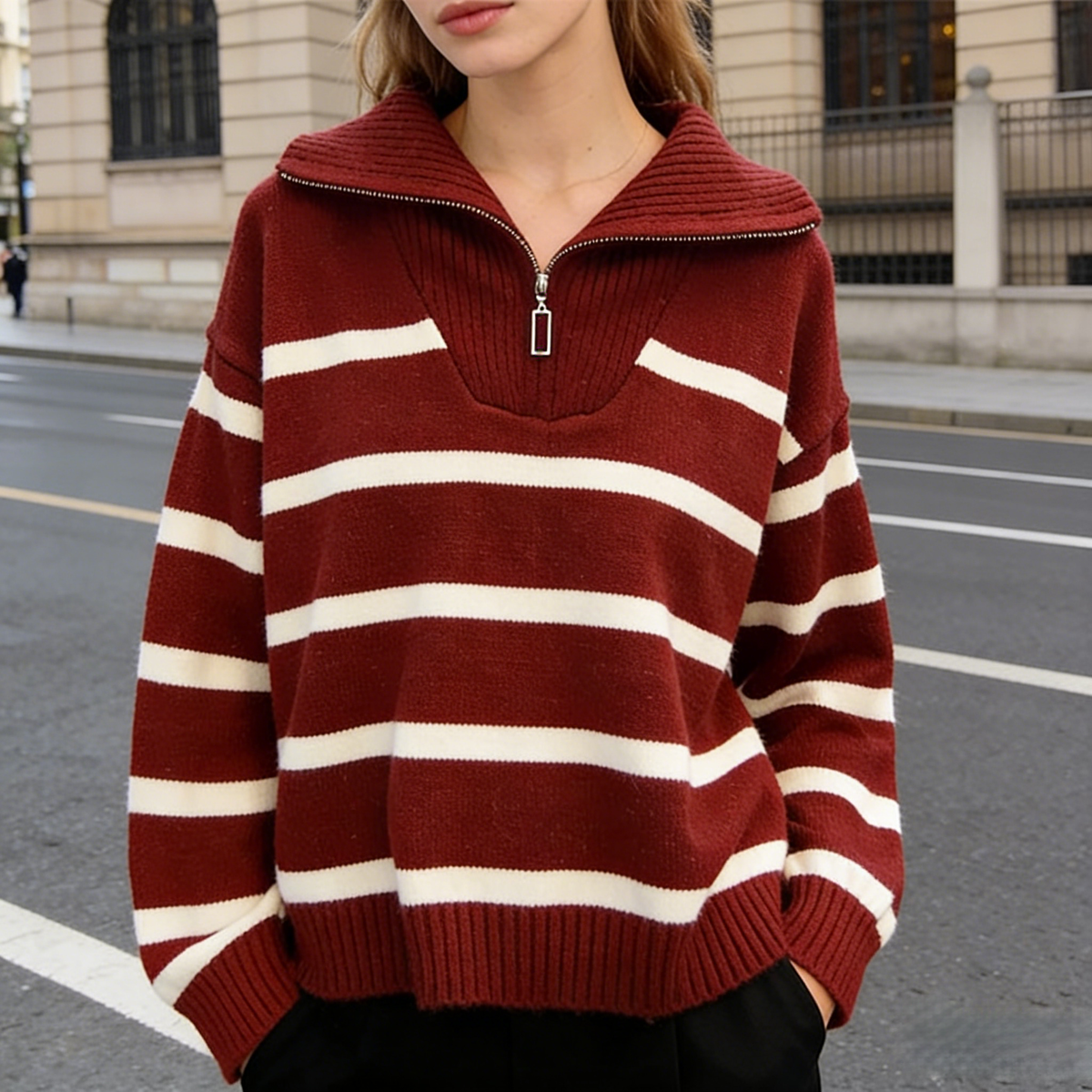Half zip knit sweatshirt striped sweater