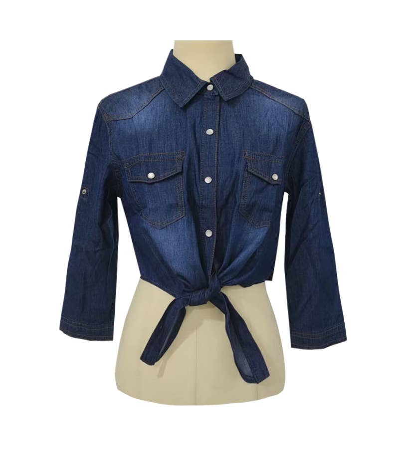 Women's 3/4 Sleeve Denim Navel Tie Shirt Cardigan Top