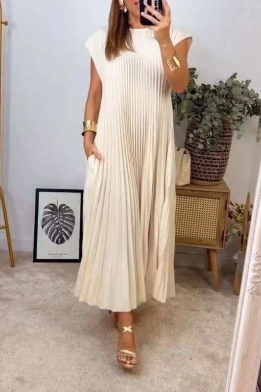 Pleated maxi flare swing dress Loose A-line tee dress